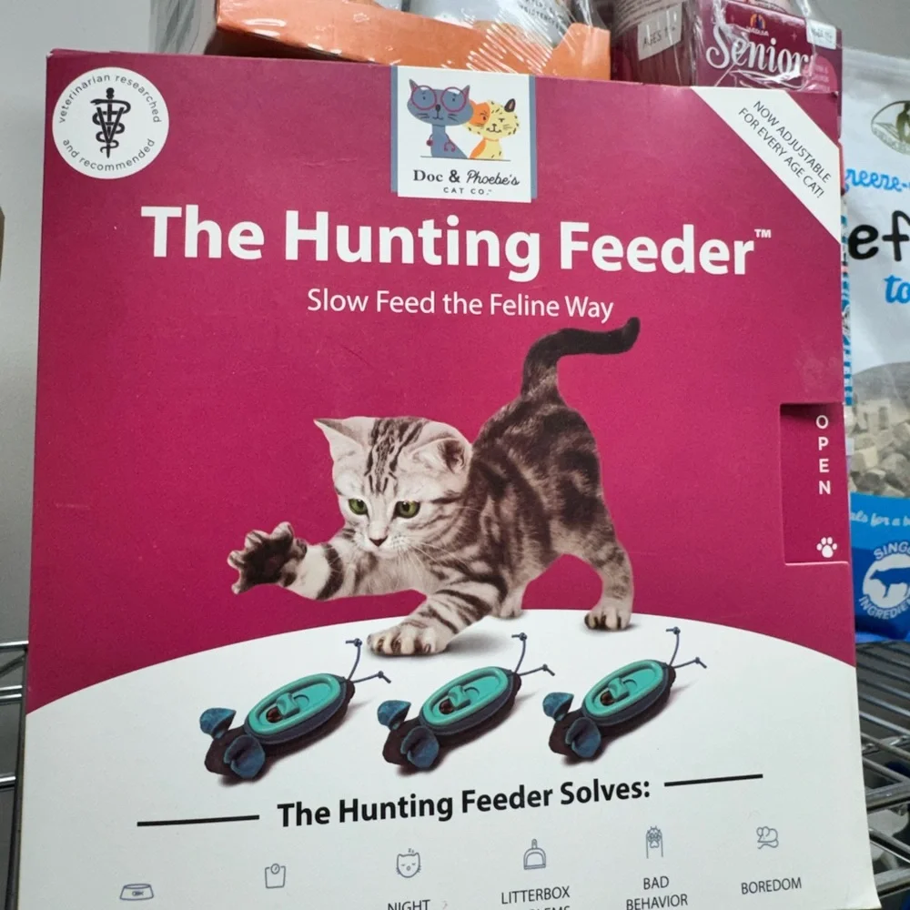 Grass Patch Hunting Box for Cats, water fountain, dry gravity feeder & toys lot